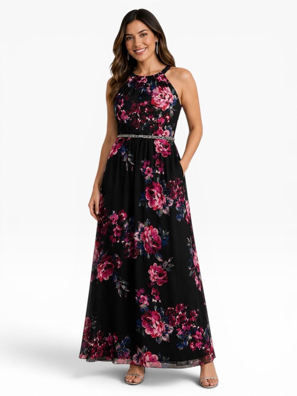 SLNY Floral Halter Maxi Dress Size 16 NWT